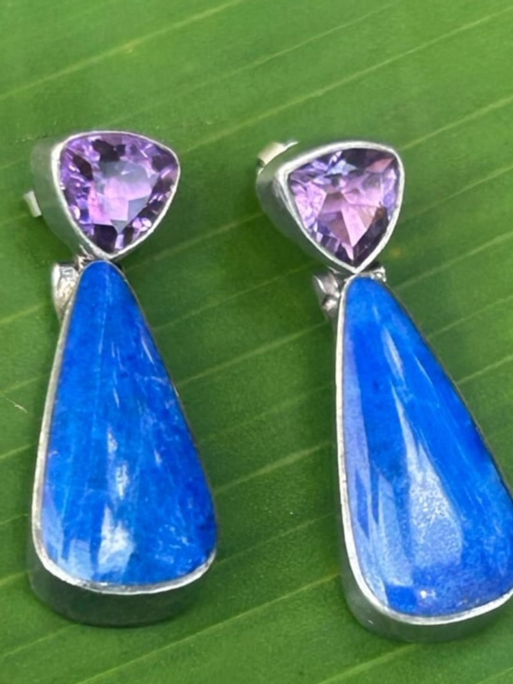 Vintage Sterling Silver Acleoni Lapis Lazuli amethyst gemstone drop earrings